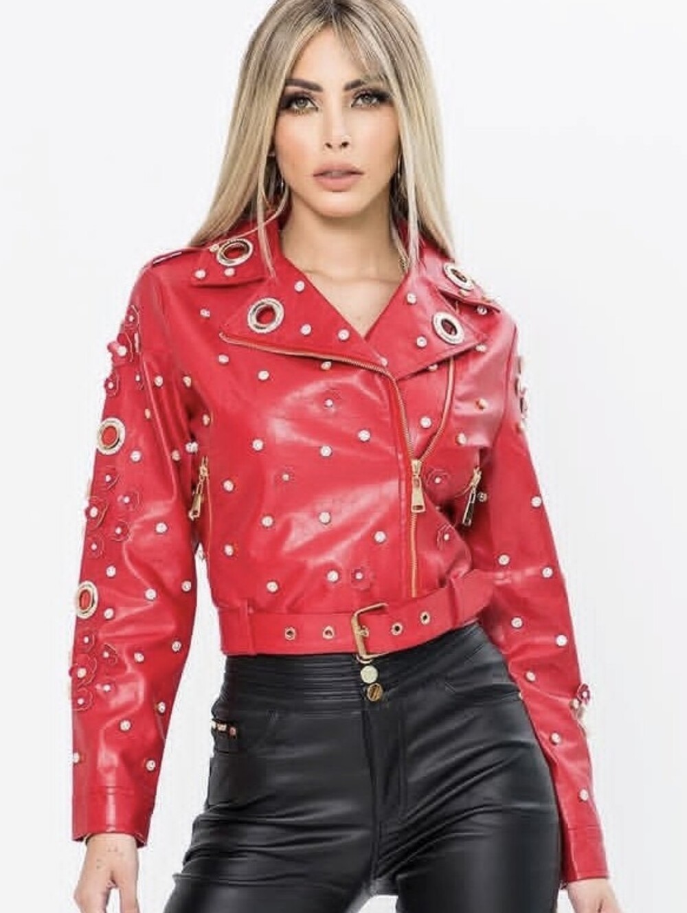 NWT Muy Muy Boutique Red Vegan Leather Jacket Studded Jeweled